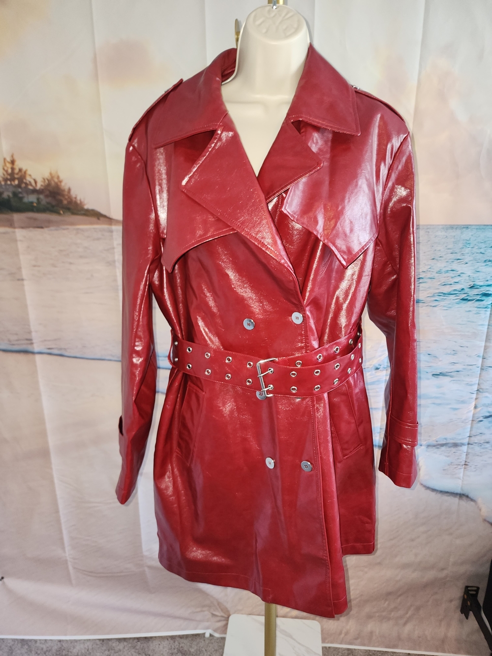 COMMENSE Red Faux Leather Trench Coat with Belt